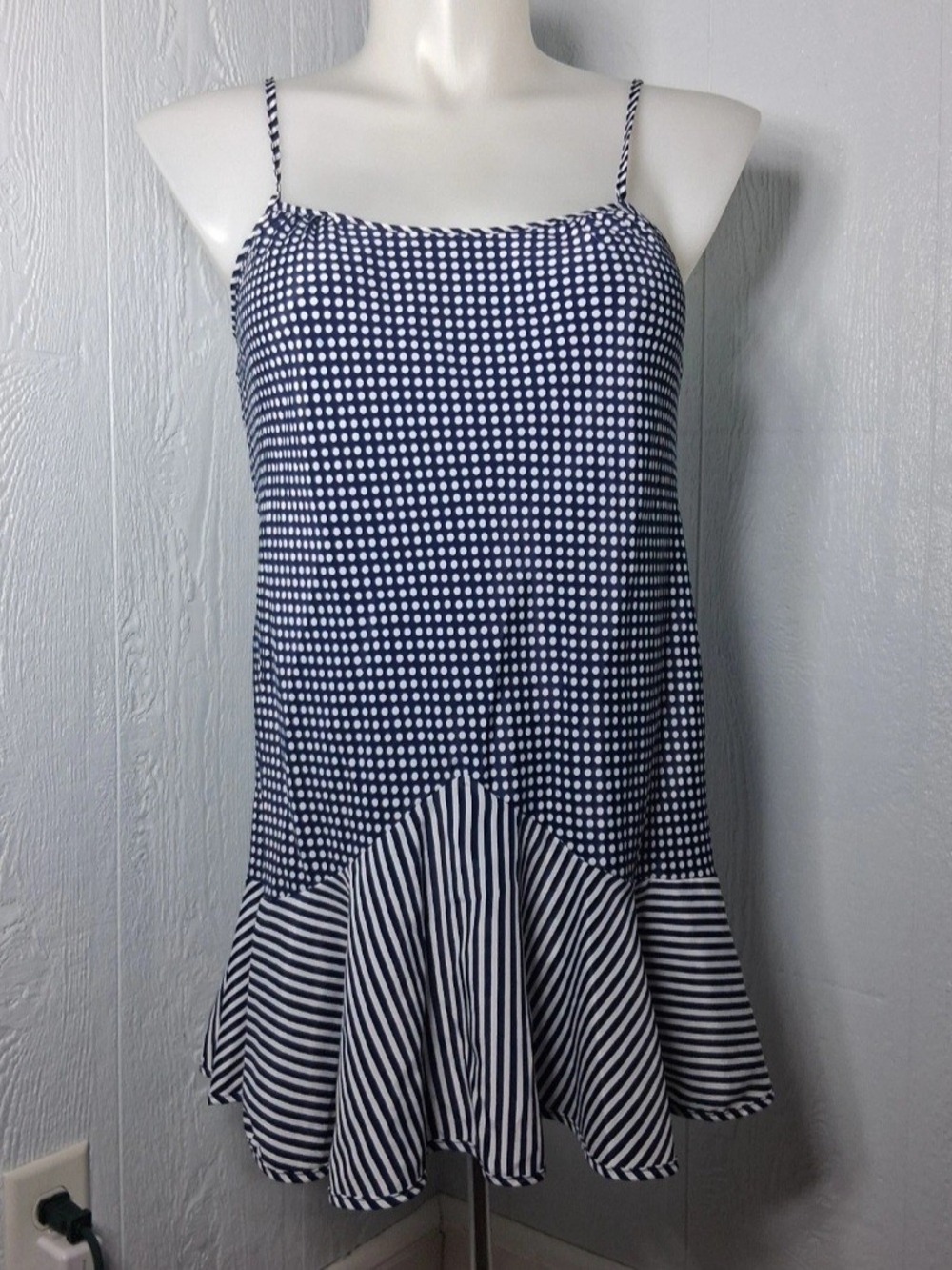 Vintage Amelia's Polka Dot Nightgown Striped Ruffle Hem Flowy Lingerie USA Med